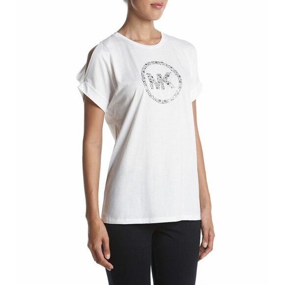 New! MICHAEL KORS Women's MK Circle Logo Cold-Shoulder Top Blouse Color White - Picture 3 of 7